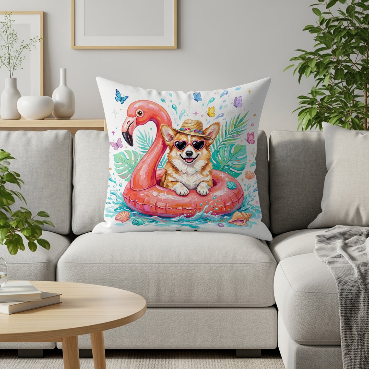 Corgi in sunglasses on flamingo float with butterflies and tropical leaves.