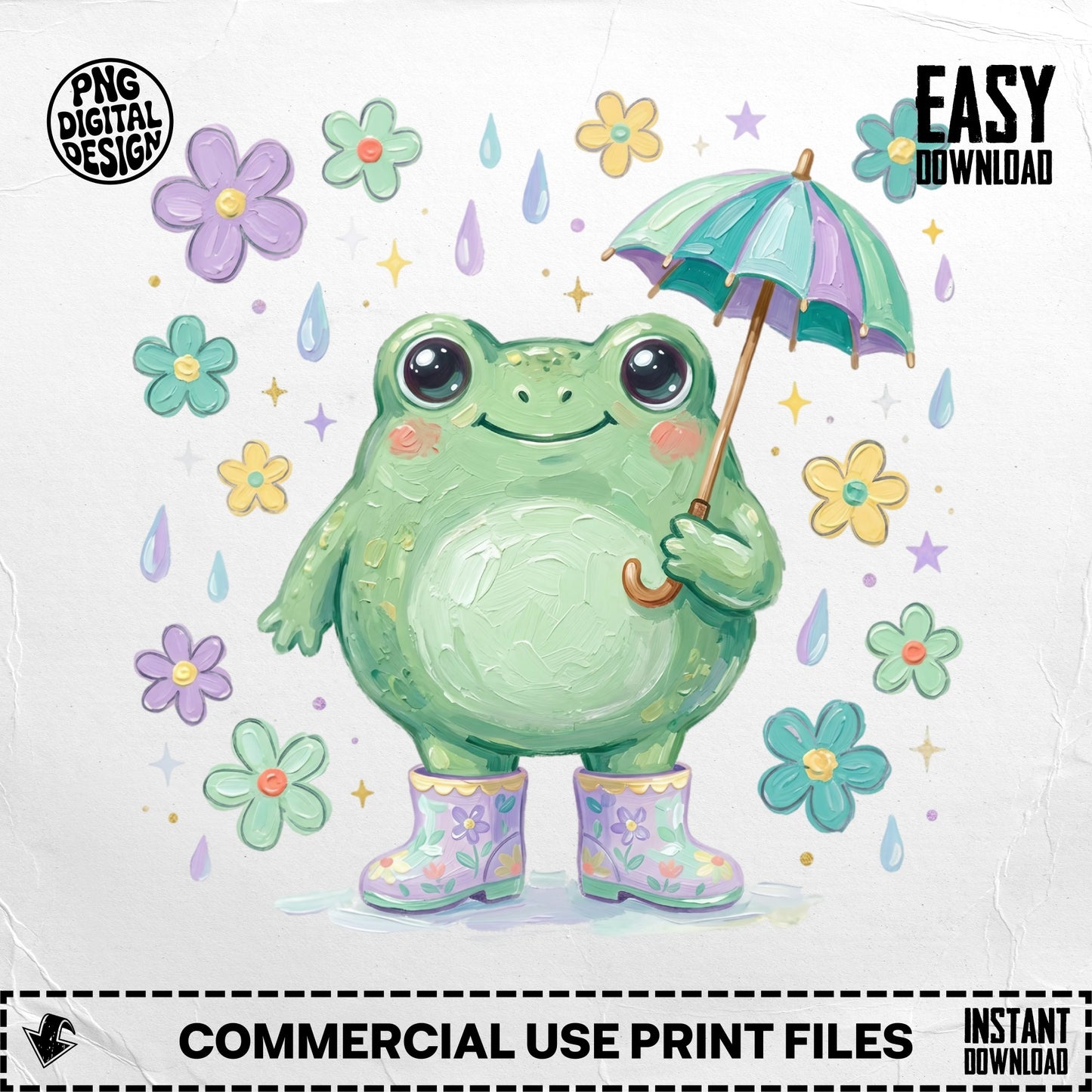 Frog wearing boots holding an umbrella, surrounded by flowers and rain.