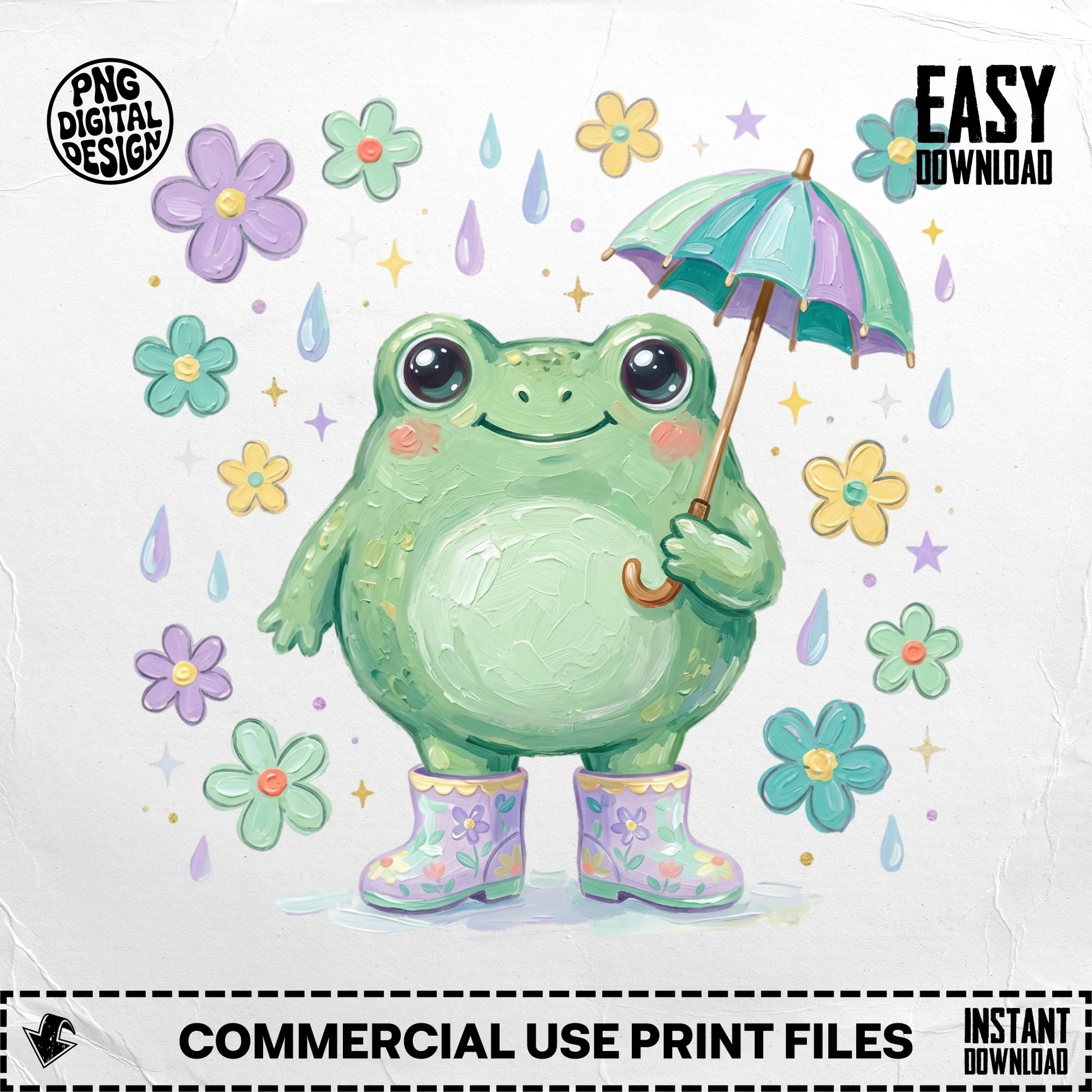 Frog wearing boots holding an umbrella, surrounded by flowers and rain.