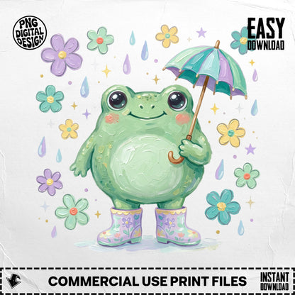Frog wearing boots holding an umbrella, surrounded by flowers and rain.