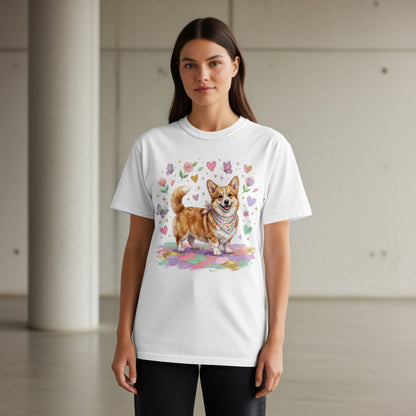 Woman wearing a white t-shirt with a watercolor corgi and floral print.