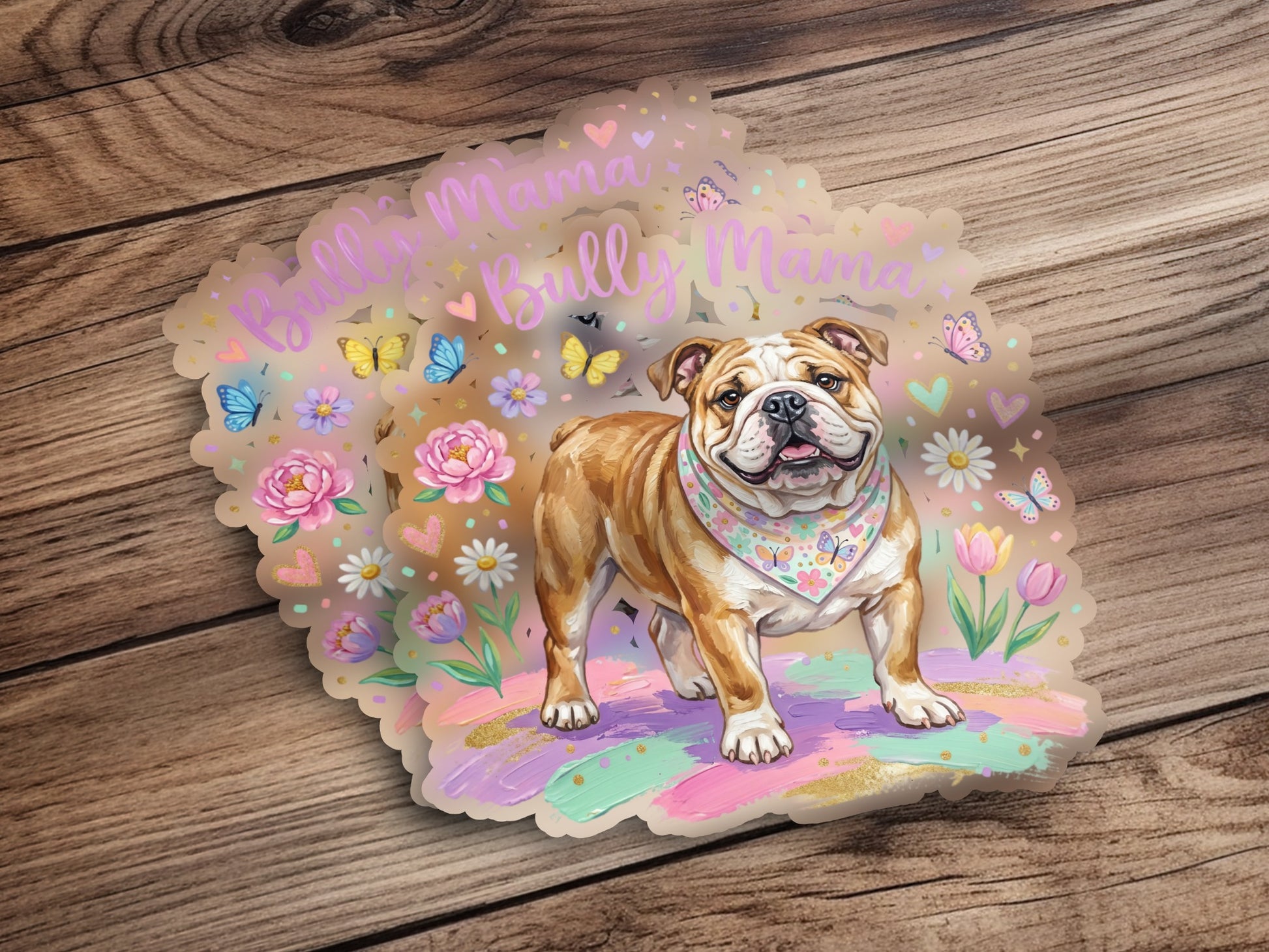 Bulldog wearing bandana with "Bully Mama" text and floral accents.