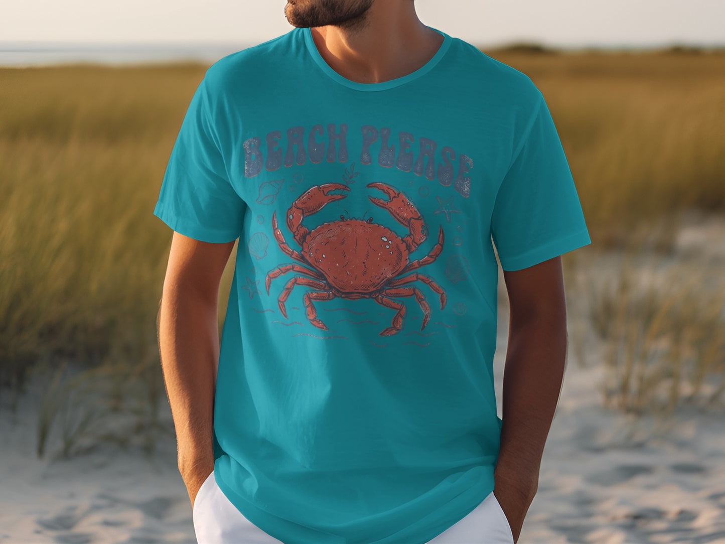 Teal t-shirt with red crab graphic and "Beach Please" text.