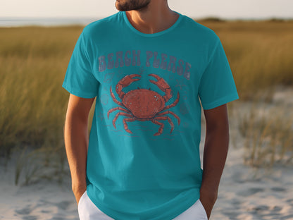 Teal t-shirt with red crab graphic and "Beach Please" text.
