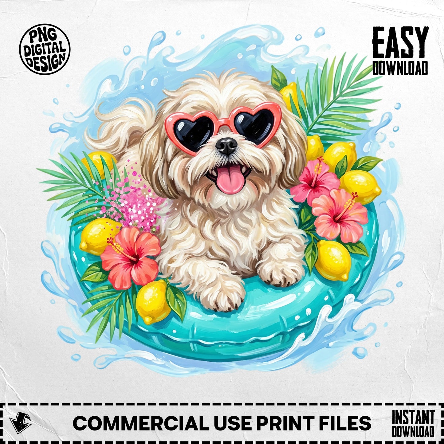 Fluffy white dog with heart sunglasses floats on inner tube with lemons and hibiscus flowers.