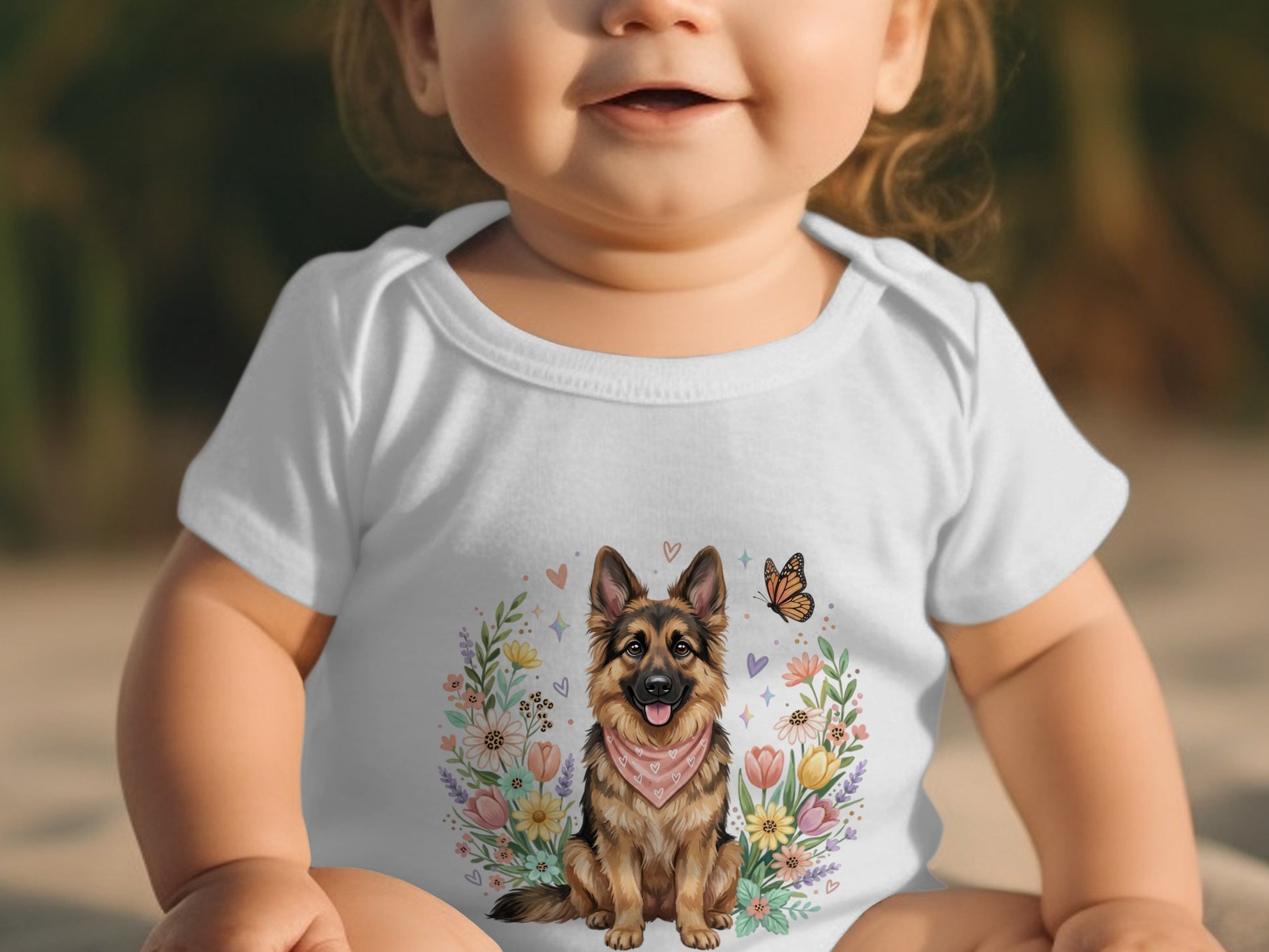 Baby wearing white onesie with a German Shepherd and floral illustration.