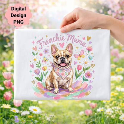 Frenchie Mama design with a bulldog, flowers, and butterflies.