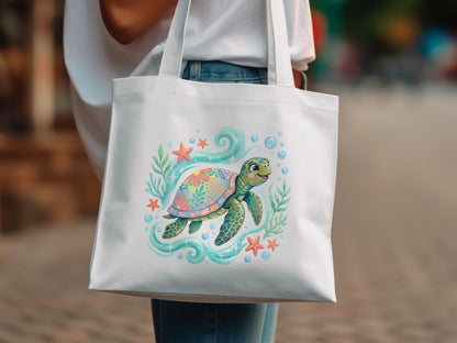 Tote bag with a colorful sea turtle and starfish design.