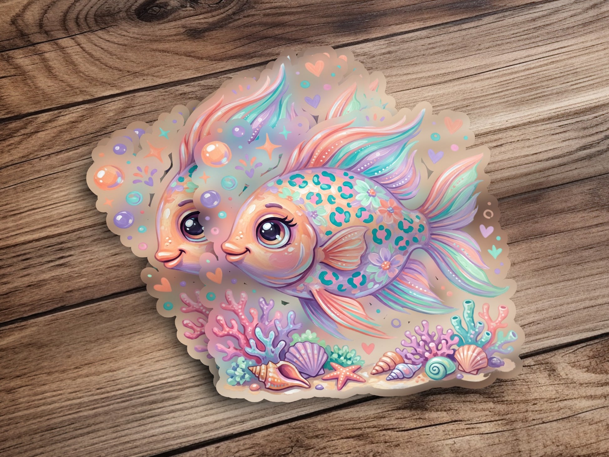 Two cartoon fish with coral and shells, pastel colors, on a wooden background.