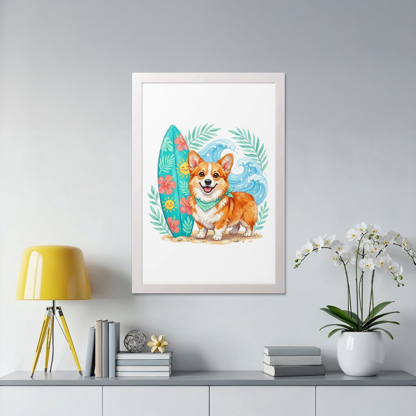Corgi with surfboard on beach, surrounded by waves and foliage.
