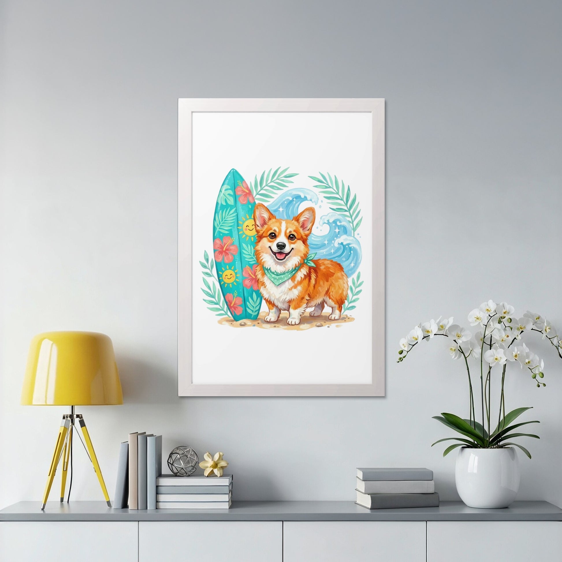Corgi with surfboard on beach, surrounded by waves and foliage.