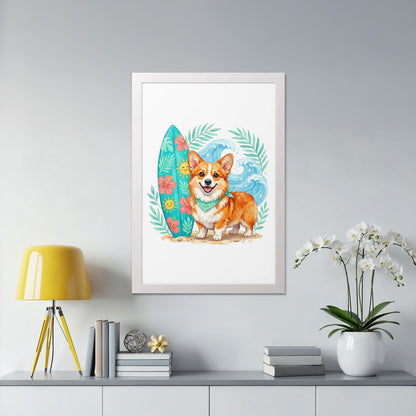 Corgi with surfboard on beach, surrounded by waves and foliage.