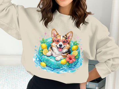 Corgi wearing heart sunglasses floats in a pool with lemons.