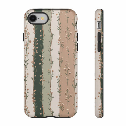 Floral phone case with vertical stripes of green and beige.
