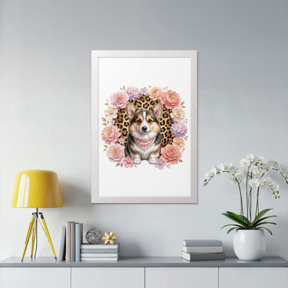Framed artwork of a corgi with flowers and leopard print background.