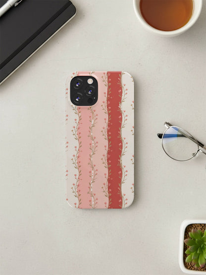 iPhone case with pink floral stripes and a muted red stripe.