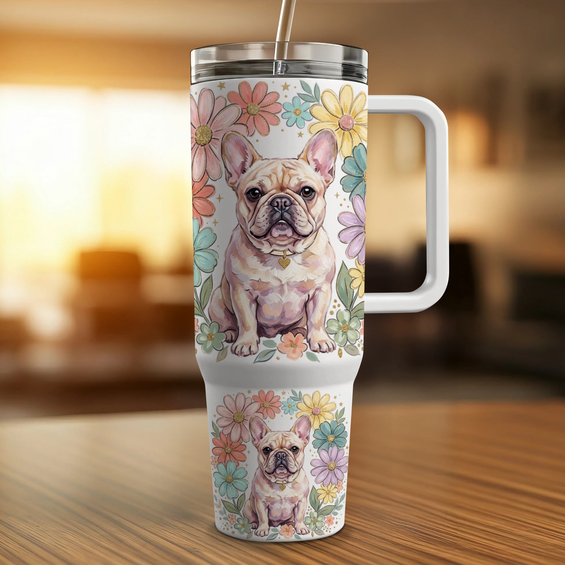 French bulldog with floral pattern on a tall insulated tumbler.