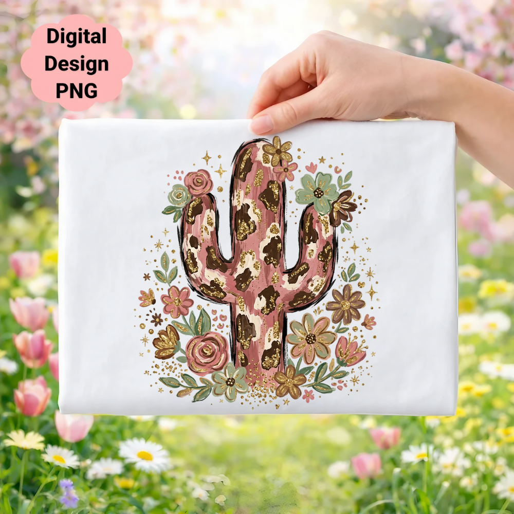 Pink and gold cactus with flowers, digital design PNG.
