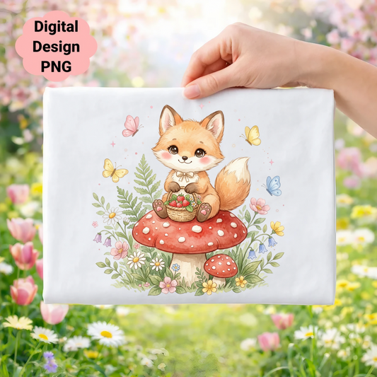 Watercolor fox sitting on a mushroom with strawberries, surrounded by butterflies and flowers.