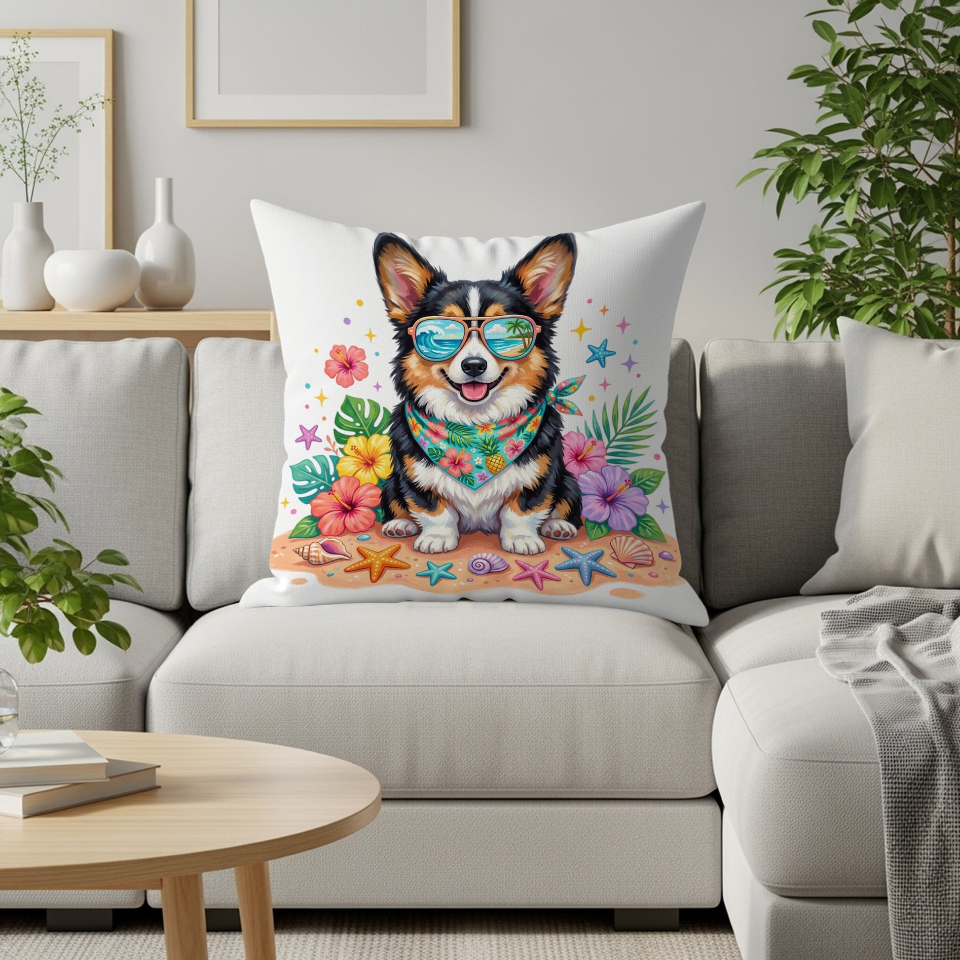 Corgi wearing sunglasses and bandana on a beach with seashells and tropical flowers.