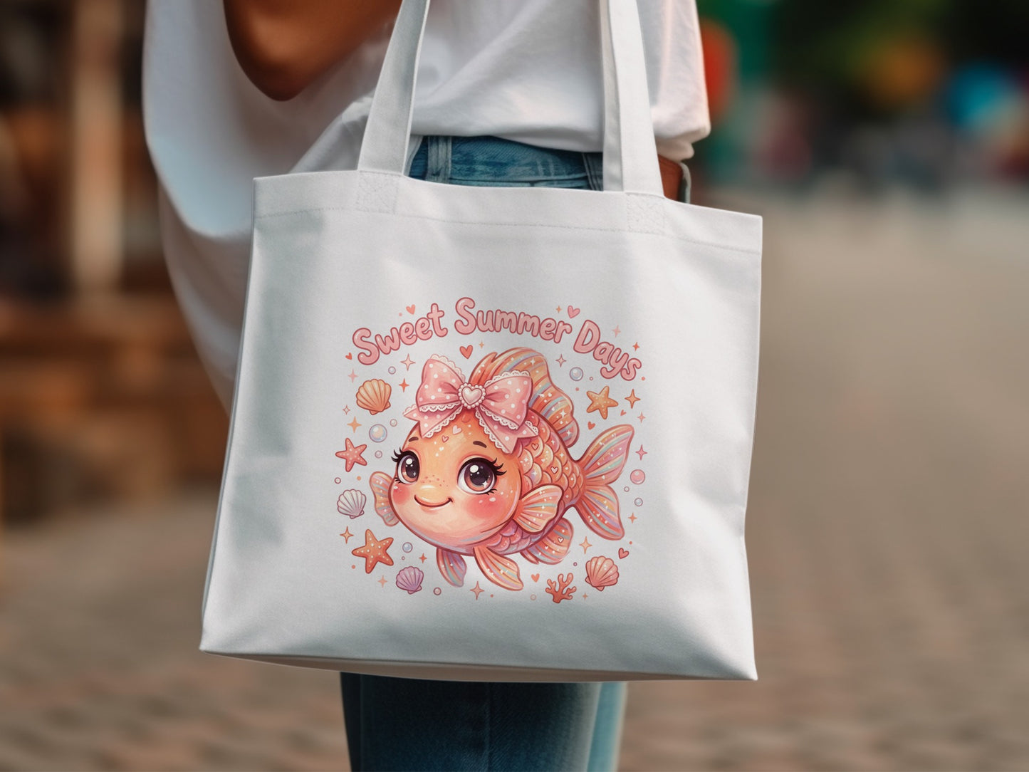 White tote bag with a cheerful cartoon goldfish and "Sweet Summer Days" text.