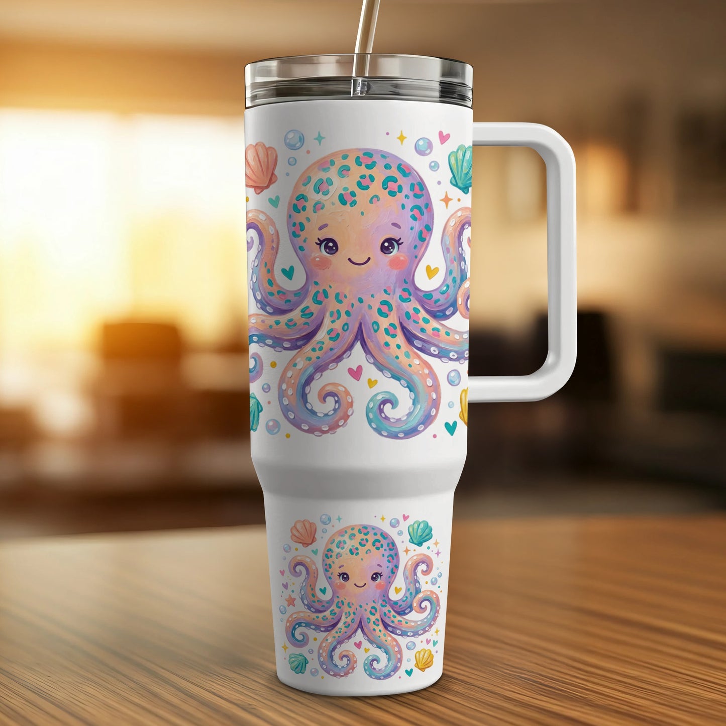 White tumbler with a cheerful octopus illustration and colorful seashells.